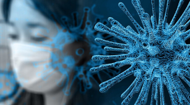 Donna con mascherina sulla sinistra e molecola coronavirus sulla destra